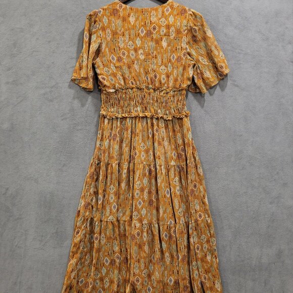 Taylor Layered Maxi Dress Size L Short Sleeve Geometric Ruffle Smocked Sheer - Picture 2 of 4